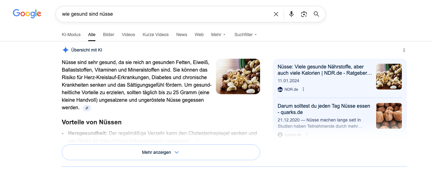 Google AI Overview - wie gesund sind Nüsse
